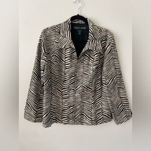 Zebra 100% Silk 90s VTG Chic Indie Street Statement Full Zip Blouse Women 12 Lrg